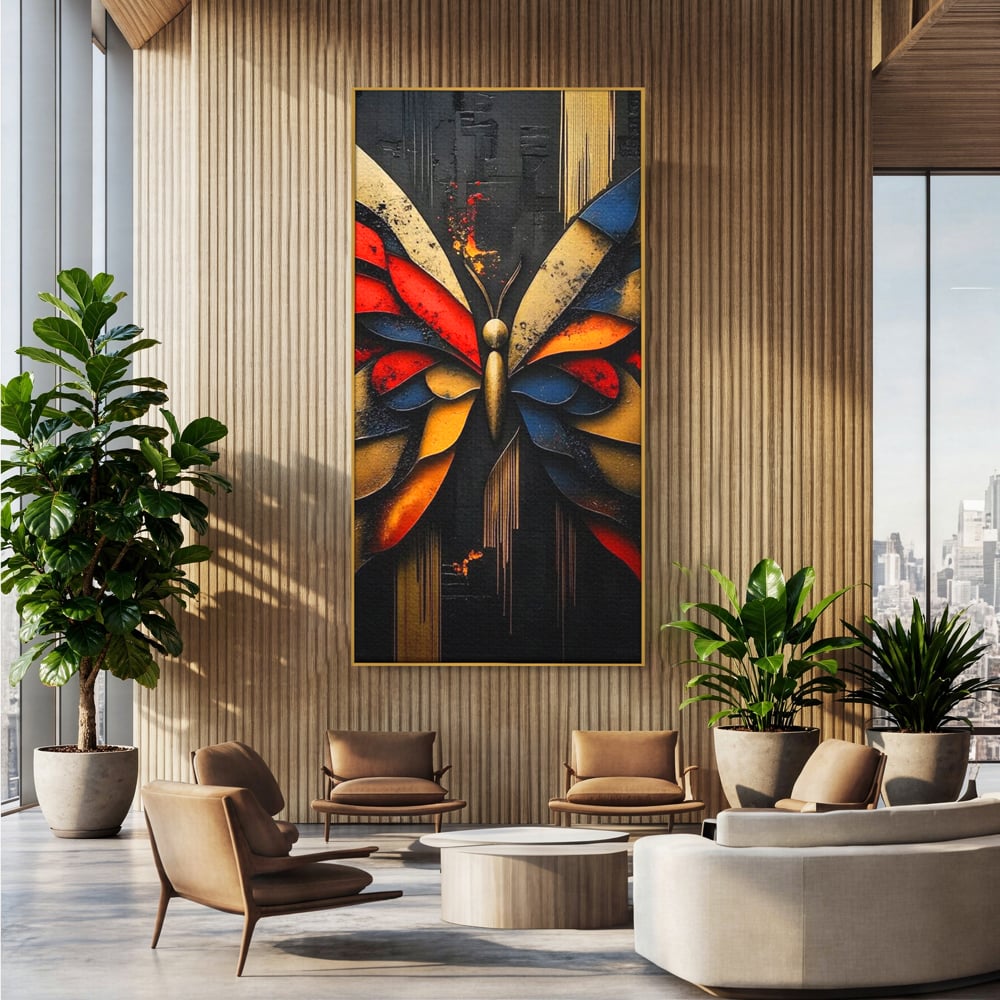 Tablou canvas cu tablou canvas cu fluture abstract, in rama de aluminiu auriu, pe perete intr-un birou